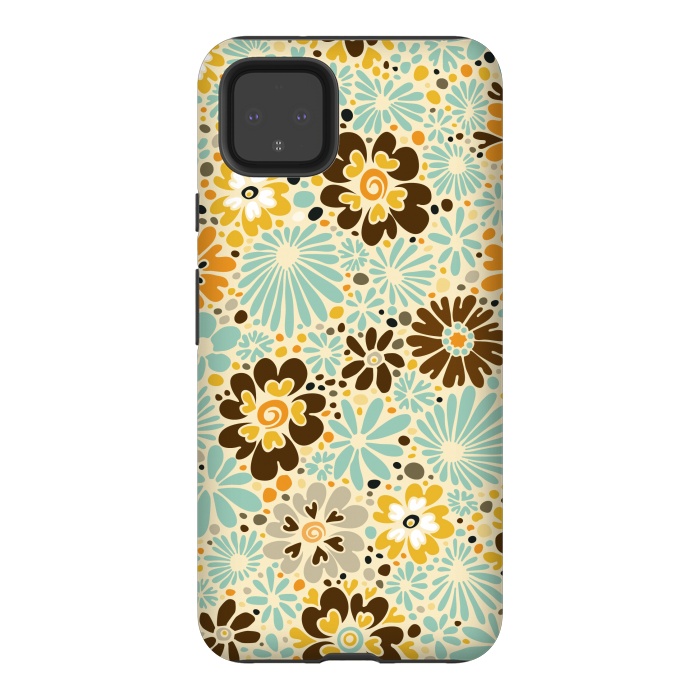 Pixel 4XL StrongFit 70s Valentine Flowers in Orange, Brown and Blue by Paula Ohreen