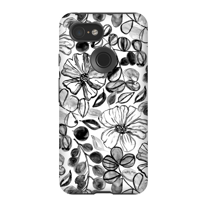 Pixel 3 StrongFit Black & White Painted Floral  by Tigatiga