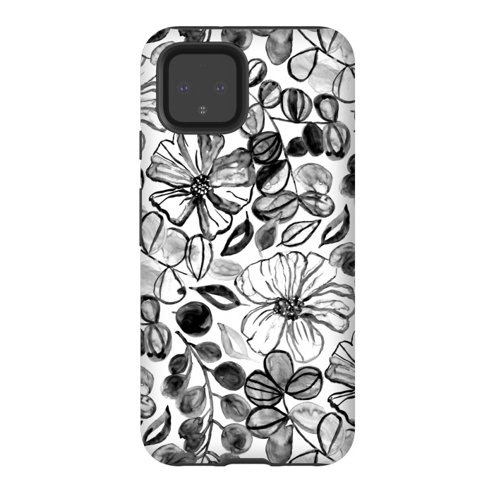 Pixel 4 StrongFit Black & White Painted Floral  by Tigatiga