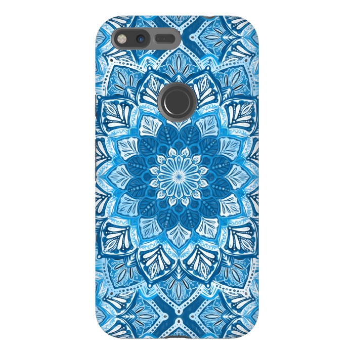 Pixel XL StrongFit Boho Mandala in Monochrome Blue and White by Micklyn Le Feuvre