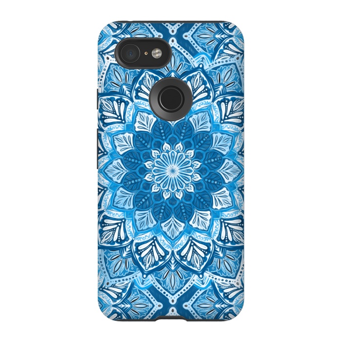Pixel 3 StrongFit Boho Mandala in Monochrome Blue and White by Micklyn Le Feuvre