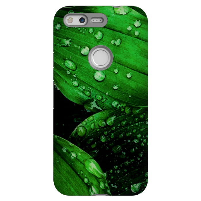 Pixel StrongFit green leaf with raindrops by haroulita