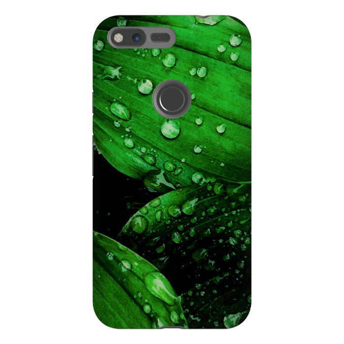Pixel XL StrongFit green leaf with raindrops by haroulita