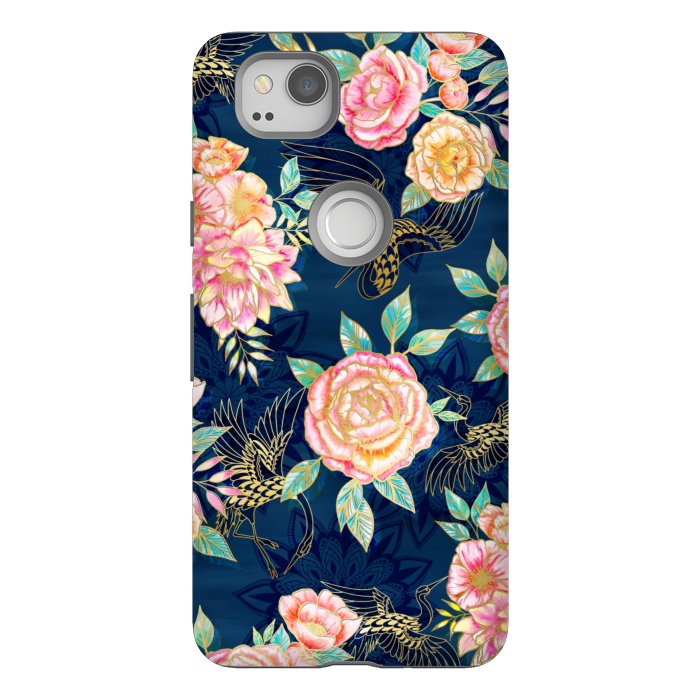 Pixel 2 StrongFit Gilded Peonies and Cranes by gingerlique