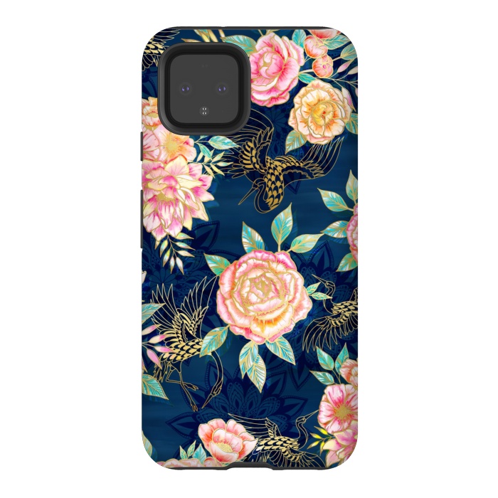 Pixel 4 StrongFit Gilded Peonies and Cranes by gingerlique