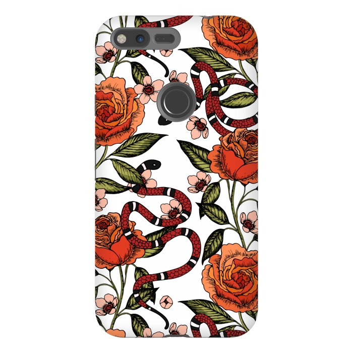 Pixel XL StrongFit Roses and snake. White pattern by Julia Badeeva
