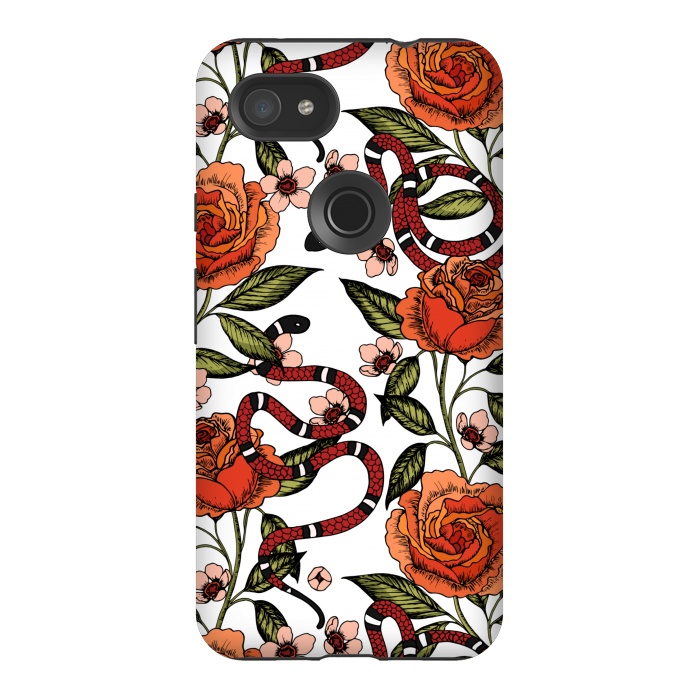 Pixel 3AXL StrongFit Roses and snake. White pattern by Julia Badeeva