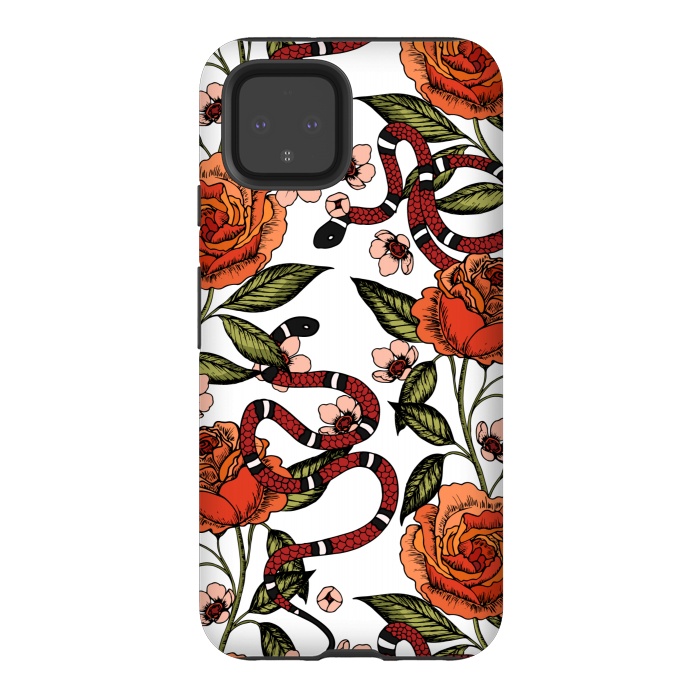 Pixel 4 StrongFit Roses and snake. White pattern by Julia Badeeva
