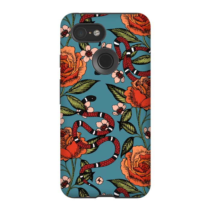 Pixel 3 StrongFit Roses and snake. Blue pattern by Julia Badeeva