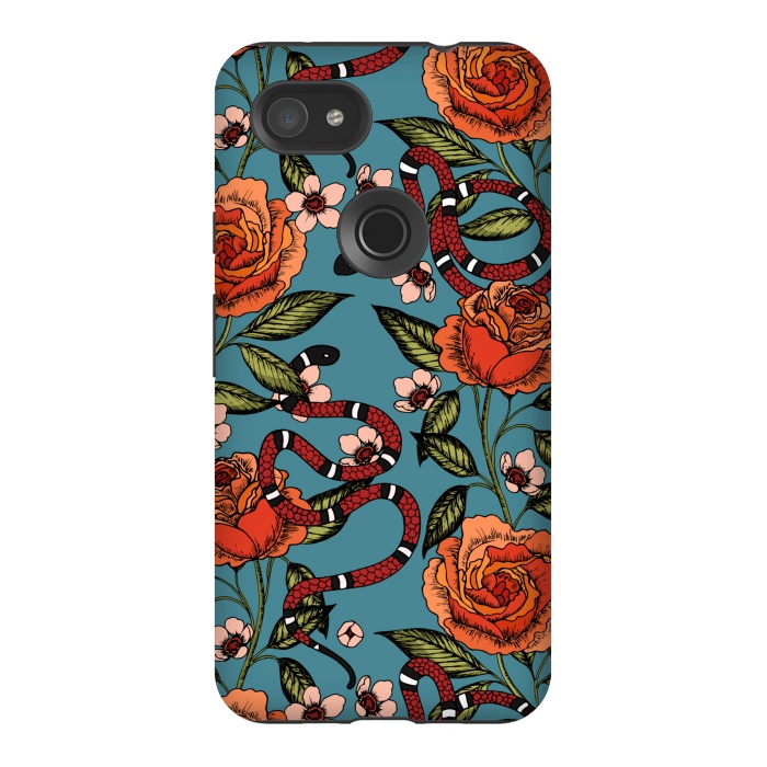 Pixel 3AXL StrongFit Roses and snake. Blue pattern by Julia Badeeva