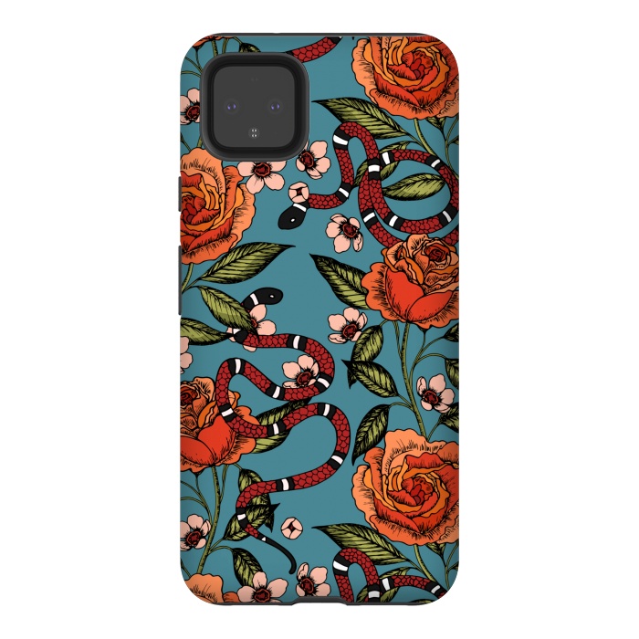 Pixel 4XL StrongFit Roses and snake. Blue pattern by Julia Badeeva