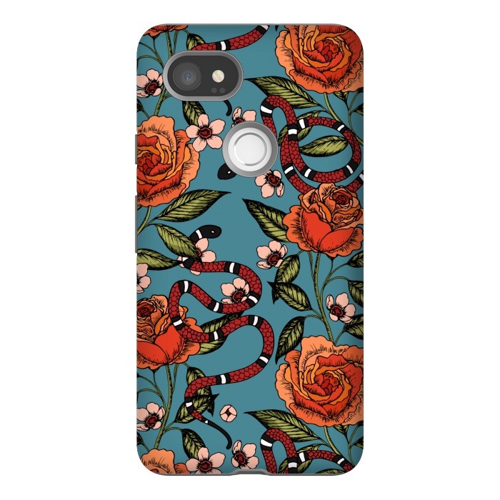 Pixel 2XL StrongFit Roses and snake. Blue pattern by Julia Badeeva