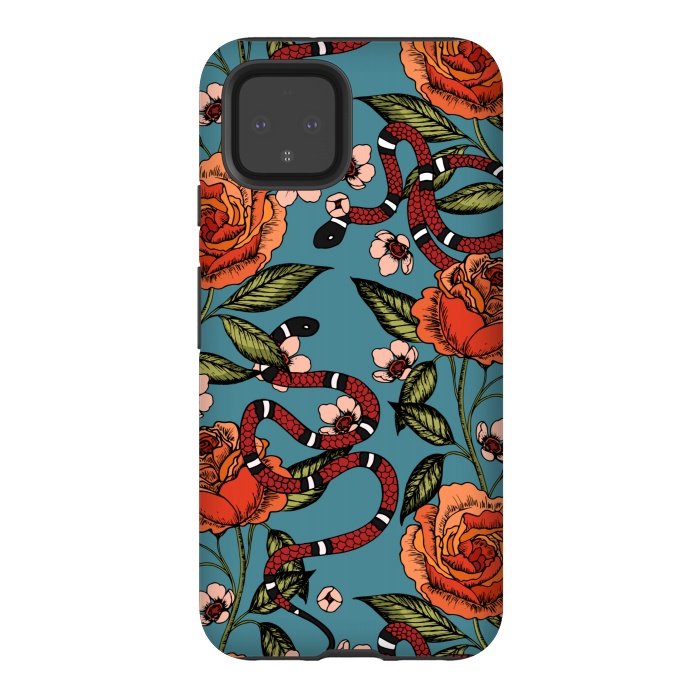 Pixel 4 StrongFit Roses and snake. Blue pattern by Julia Badeeva