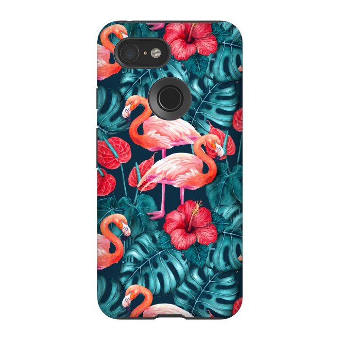 Pixel 3 StrongFit Flamingo birds and tropical garden watercolor by Katerina Kirilova