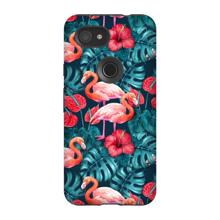 Pixel 3A StrongFit Flamingo birds and tropical garden watercolor by Katerina Kirilova