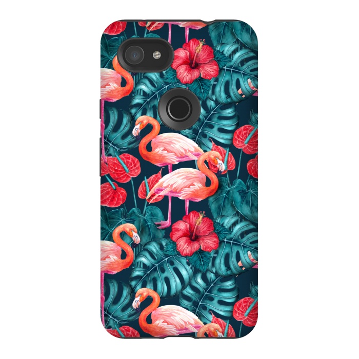 Pixel 3AXL StrongFit Flamingo birds and tropical garden watercolor by Katerina Kirilova