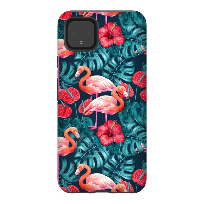 Pixel 4XL StrongFit Flamingo birds and tropical garden watercolor by Katerina Kirilova