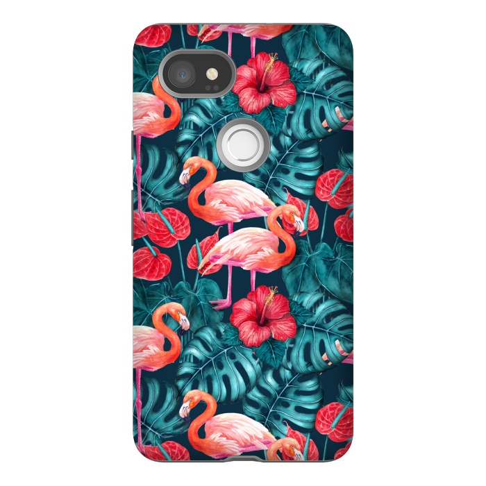 Pixel 2XL StrongFit Flamingo birds and tropical garden watercolor by Katerina Kirilova