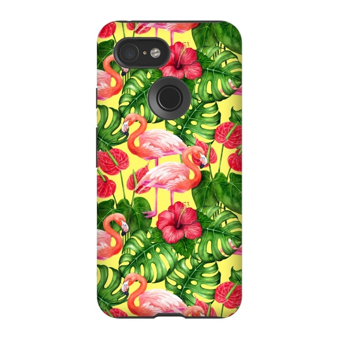 Pixel 3 StrongFit Flamingo birds and tropical garden watercolor 2 by Katerina Kirilova