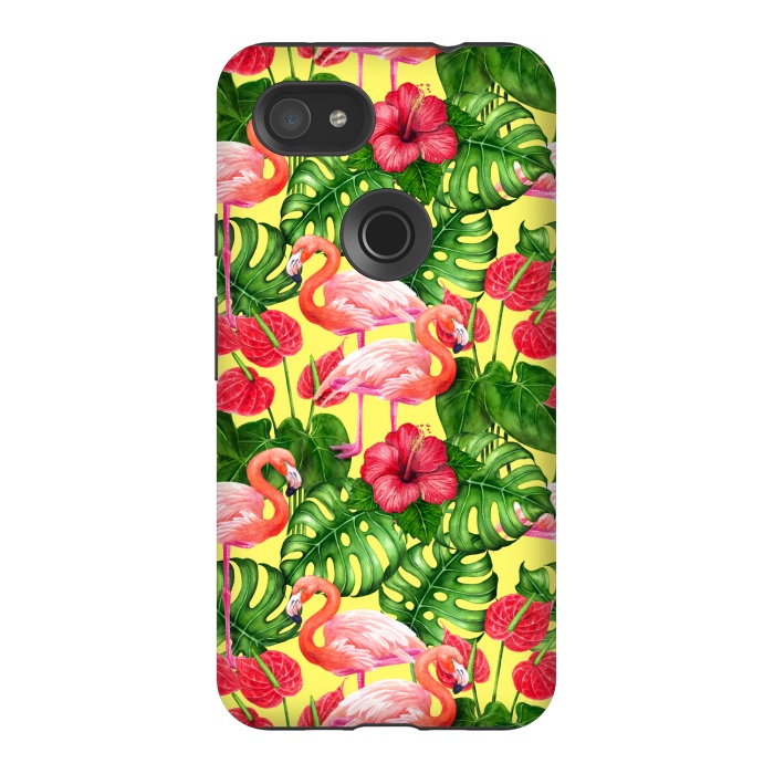 Pixel 3AXL StrongFit Flamingo birds and tropical garden watercolor 2 by Katerina Kirilova