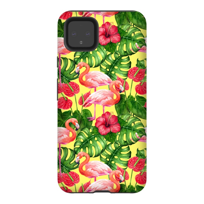 Pixel 4XL StrongFit Flamingo birds and tropical garden watercolor 2 by Katerina Kirilova