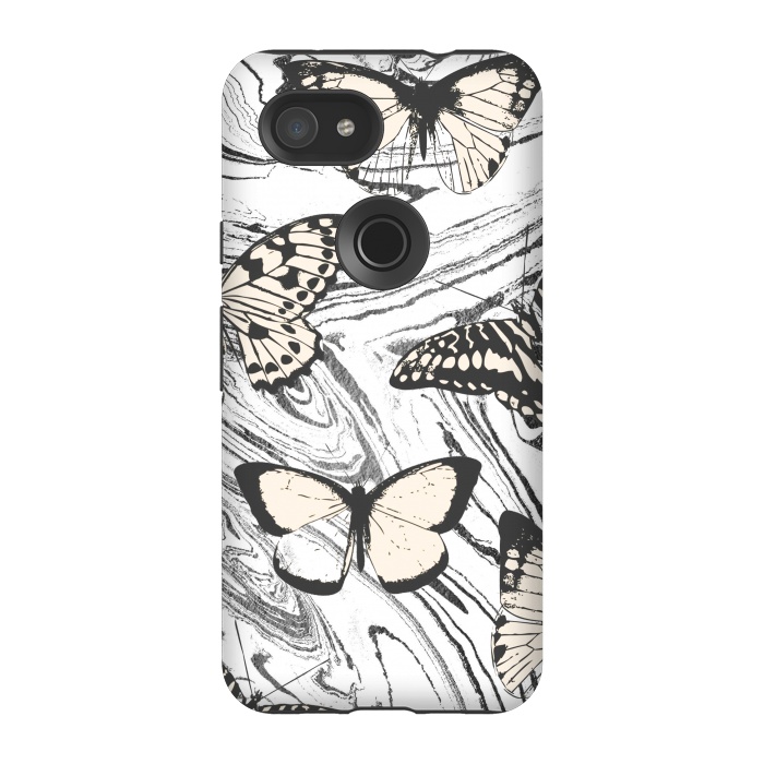 Pixel 3A StrongFit Butterflies and black ink marble by Oana 