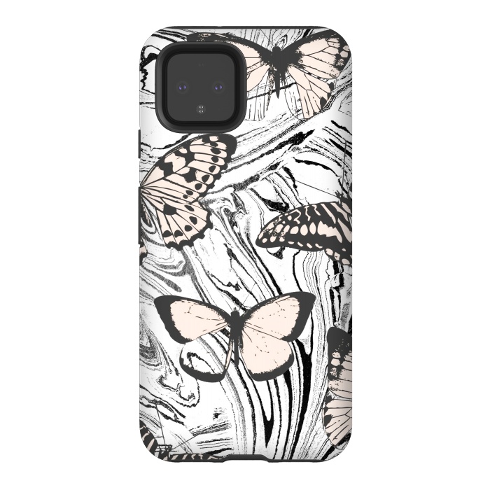 Pixel 4 StrongFit Butterflies and black ink marble by Oana 