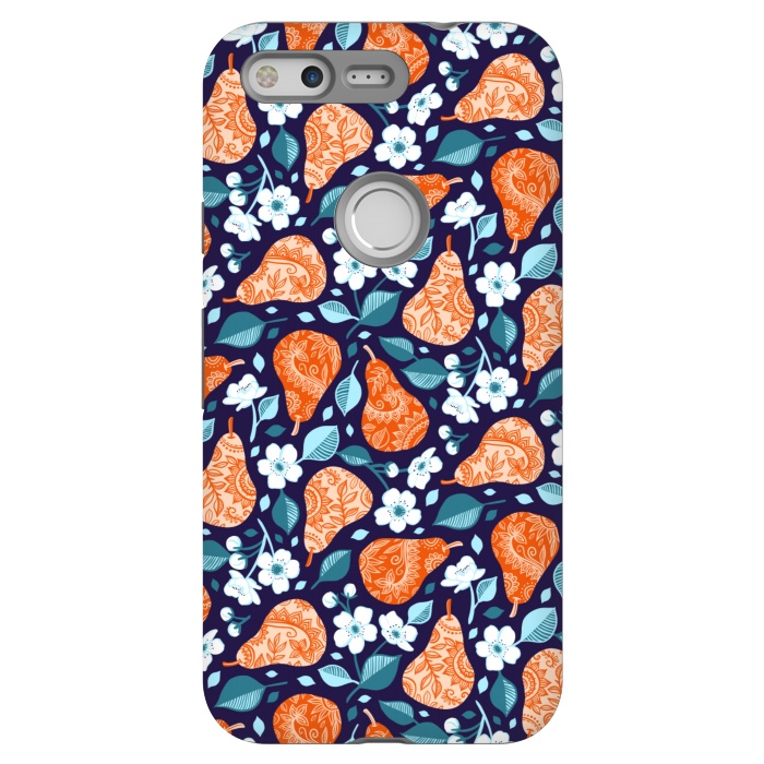 Pixel StrongFit Cheerful Pears in Orange on Navy Blue by Micklyn Le Feuvre