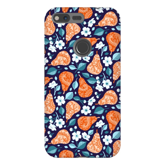 Pixel XL StrongFit Cheerful Pears in Orange on Navy Blue by Micklyn Le Feuvre