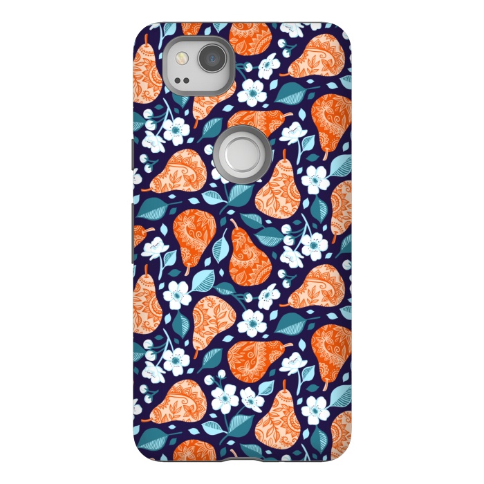 Pixel 2 StrongFit Cheerful Pears in Orange on Navy Blue by Micklyn Le Feuvre