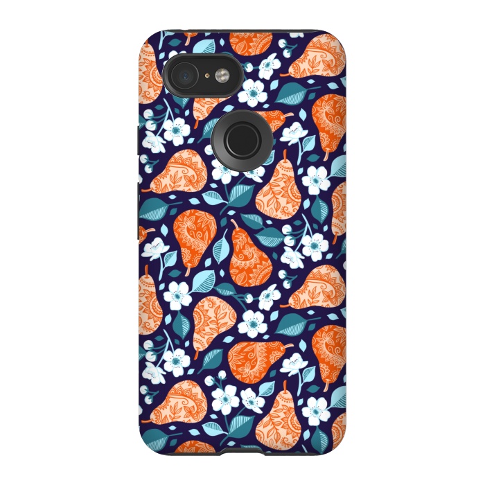 Pixel 3 StrongFit Cheerful Pears in Orange on Navy Blue by Micklyn Le Feuvre