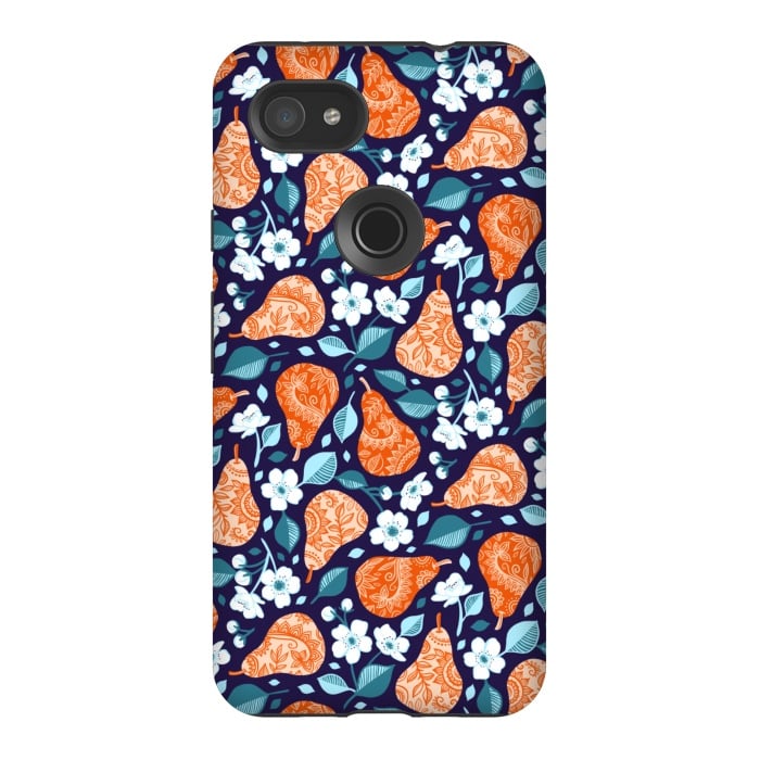 Pixel 3AXL StrongFit Cheerful Pears in Orange on Navy Blue by Micklyn Le Feuvre
