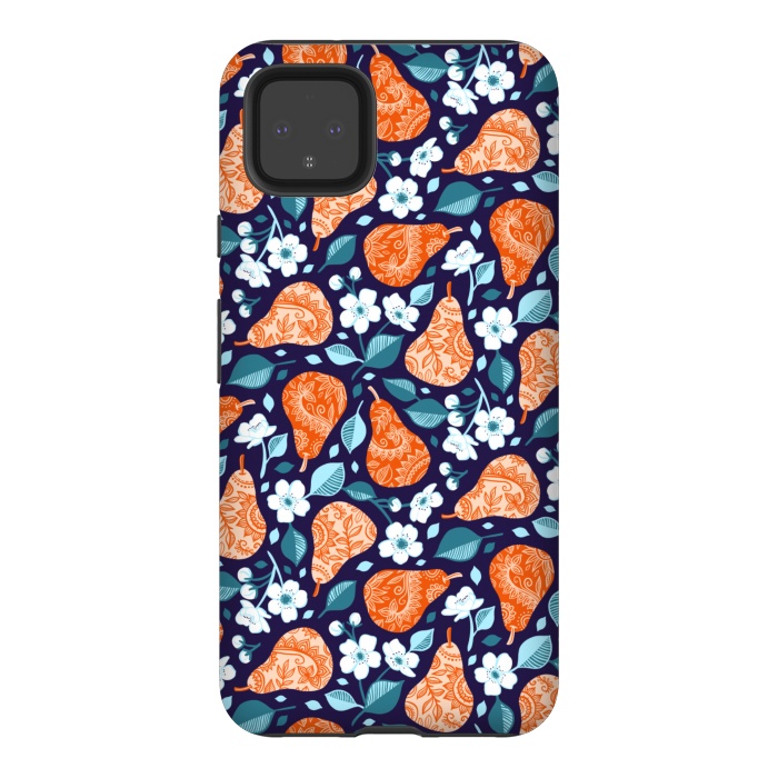 Pixel 4XL StrongFit Cheerful Pears in Orange on Navy Blue by Micklyn Le Feuvre