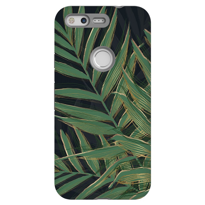 Pixel StrongFit Trendy Green Palm Leaves Gold Strokes Gray Design by InovArts