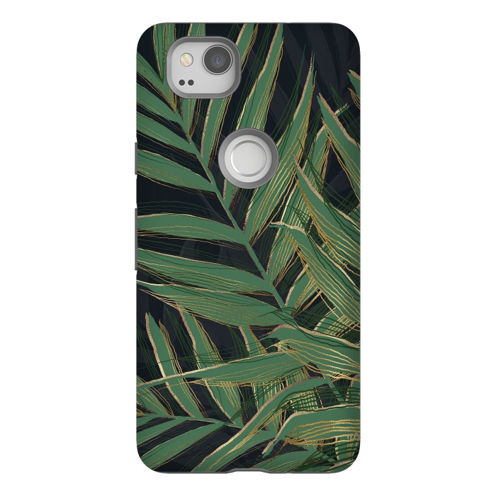 Pixel 2 StrongFit Trendy Green Palm Leaves Gold Strokes Gray Design by InovArts