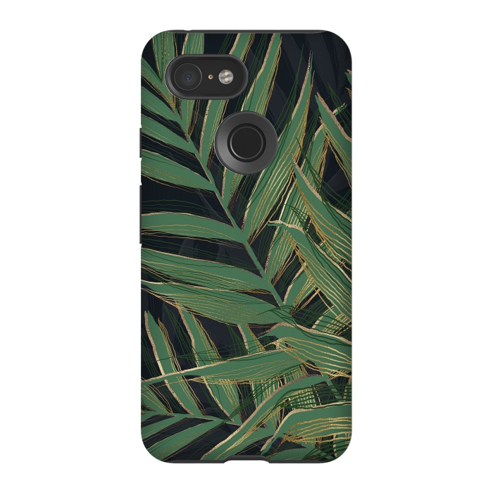 Pixel 3 StrongFit Trendy Green Palm Leaves Gold Strokes Gray Design by InovArts