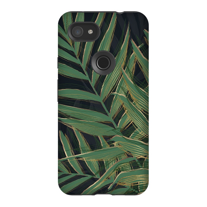 Pixel 3AXL StrongFit Trendy Green Palm Leaves Gold Strokes Gray Design by InovArts