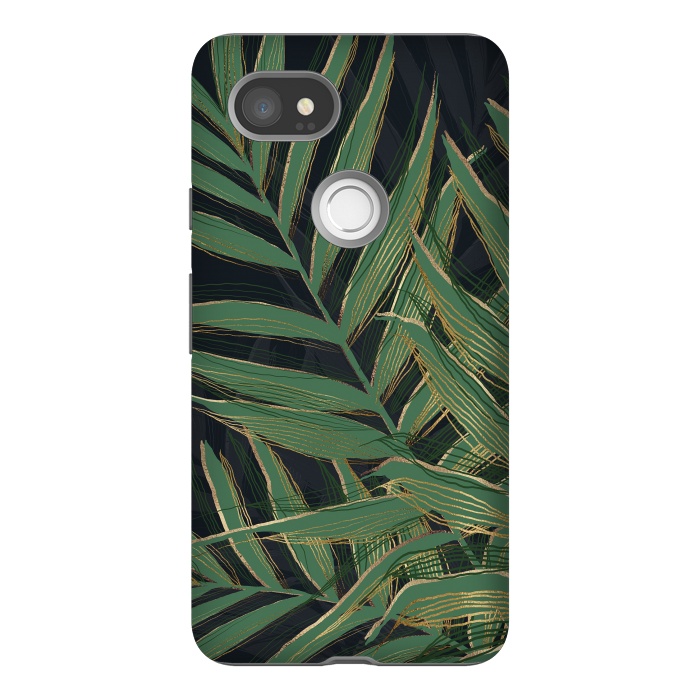 Pixel 2XL StrongFit Trendy Green Palm Leaves Gold Strokes Gray Design by InovArts