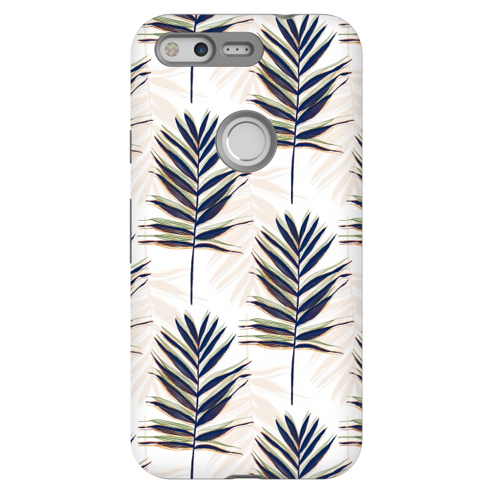 Pixel StrongFit Modern Blue Palm Leaves Gold Strokes White Design by InovArts
