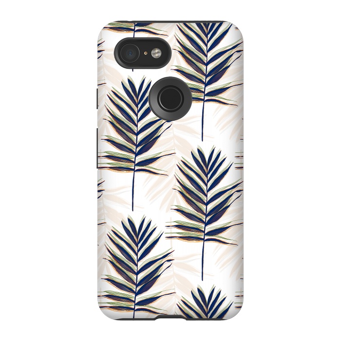 Pixel 3 StrongFit Modern Blue Palm Leaves Gold Strokes White Design by InovArts