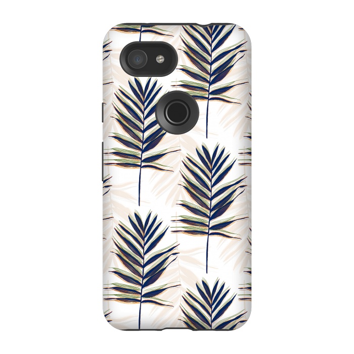 Pixel 3A StrongFit Modern Blue Palm Leaves Gold Strokes White Design by InovArts