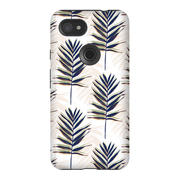 Pixel 3AXL StrongFit Modern Blue Palm Leaves Gold Strokes White Design by InovArts