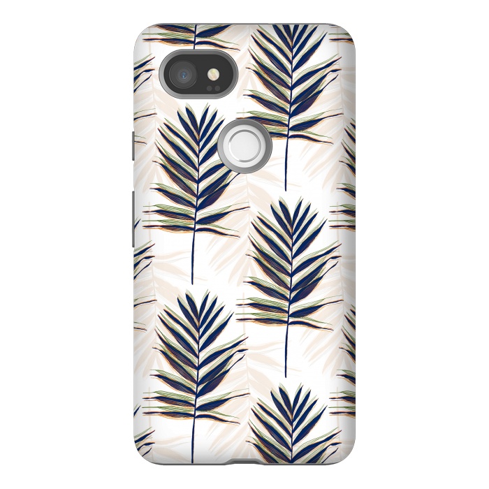 Pixel 2XL StrongFit Modern Blue Palm Leaves Gold Strokes White Design by InovArts