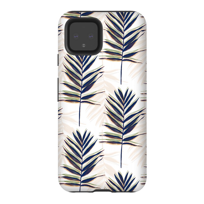 Pixel 4 StrongFit Modern Blue Palm Leaves Gold Strokes White Design by InovArts