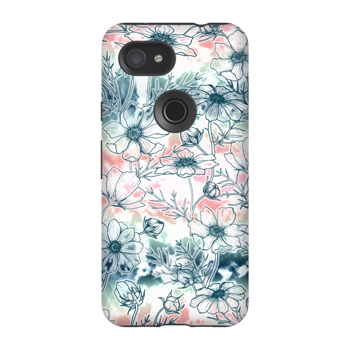 Pixel 3A StrongFit Fields of Cosmos in Coral, Mint and Navy Tied Dye by gingerlique