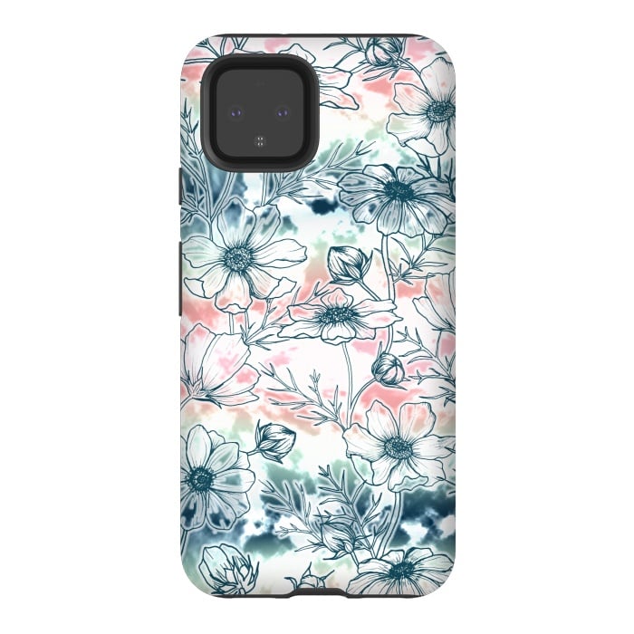 Pixel 4 StrongFit Fields of Cosmos in Coral, Mint and Navy Tied Dye by gingerlique