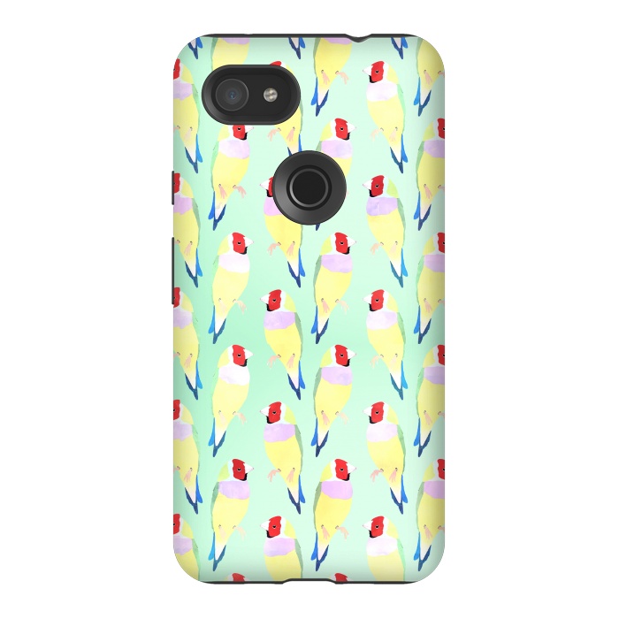 Pixel 3AXL StrongFit Cute Watercolor rainbow finch bird Mint Pattern by InovArts