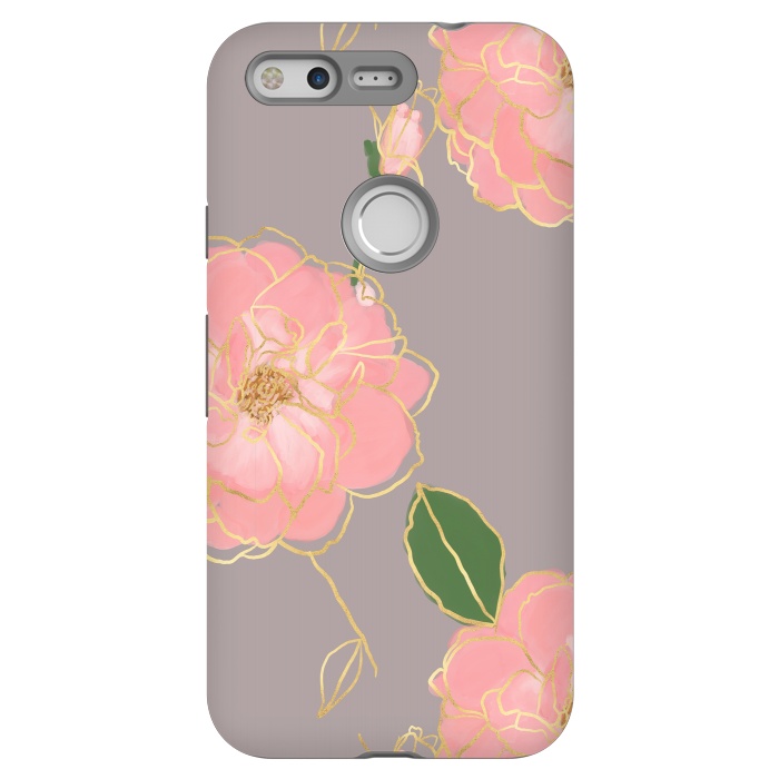 Pixel StrongFit Elegant Pink & Gold Watercolor Roses Gray Design by InovArts