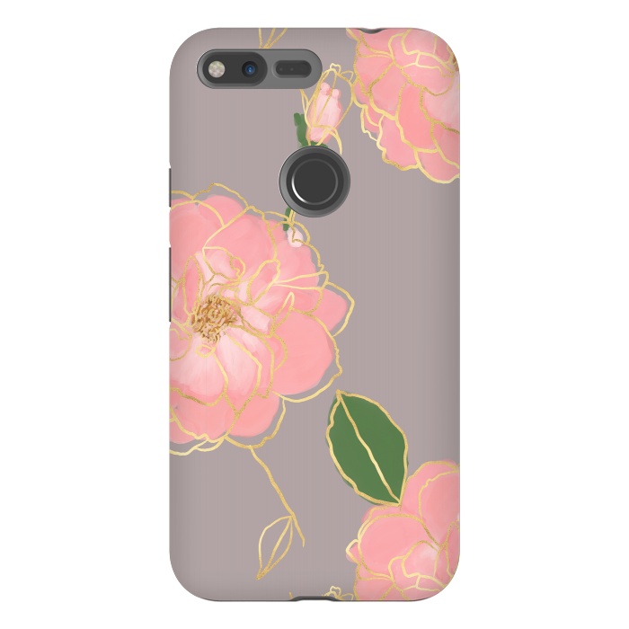 Pixel XL StrongFit Elegant Pink & Gold Watercolor Roses Gray Design by InovArts