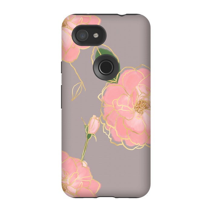 Pixel 3A StrongFit Elegant Pink & Gold Watercolor Roses Gray Design by InovArts